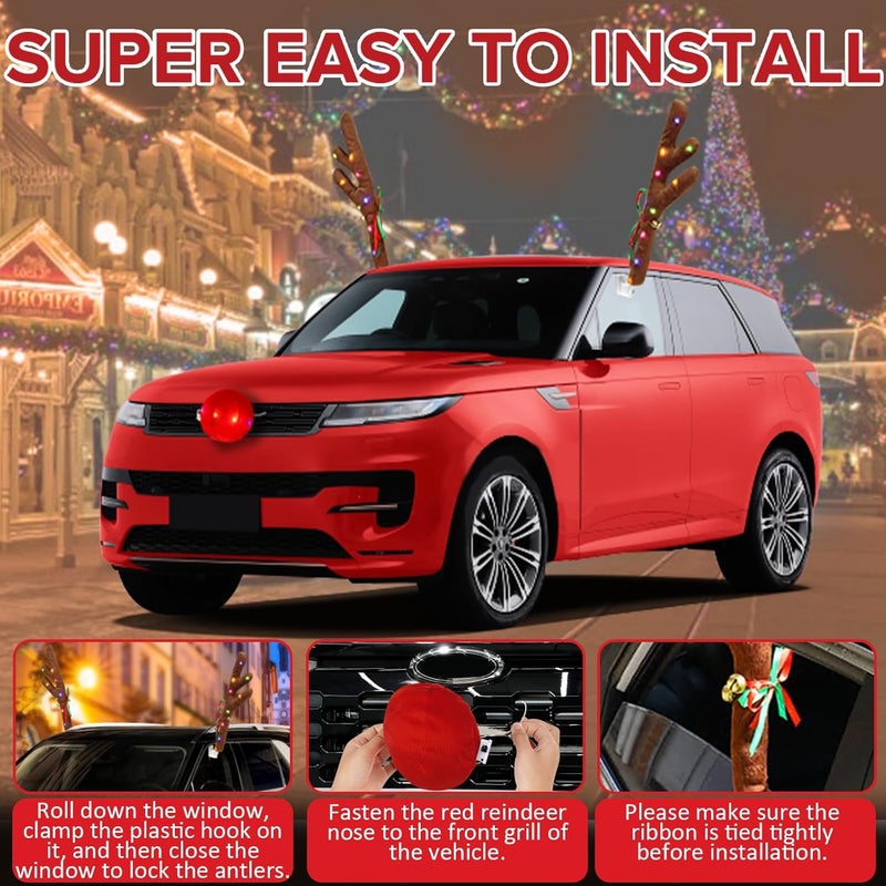 Angooni Charming Christmas Car Decoration, Festive Reindeer Car Kit,Reindeer Antlers & Nose, Christmas Lights, Nice Gift for Families & Friends, Suitable for Jeeps, Trucks, Golf Carts... - Image 4